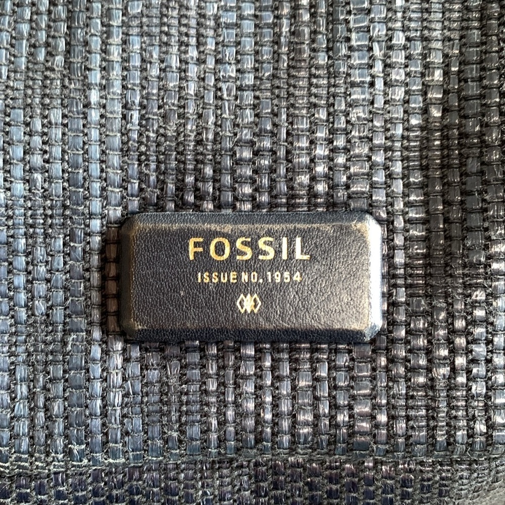 Fossil Emerson Satchel Purse Navy Blue Straw Leather Trim & Straps Crossbody Bag - Picture 7 of 14